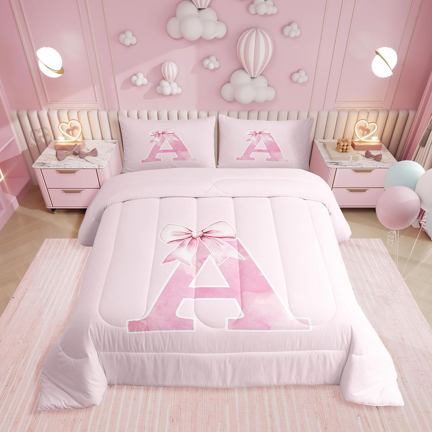 Erosebridal Pink Bow Comforter Set Twin,Monogrammed Bedding Gifts for Women Teen Girls,Initial Letter A Quilt,Bowknot Initial Birthday Gifts Bedroom Room Decor for Her,Luxury Soft(A)