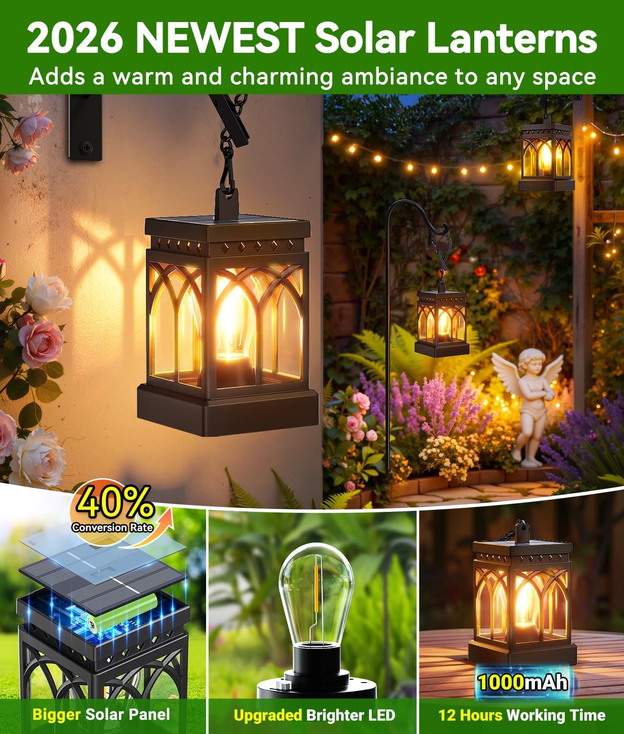 KOOPER 4 Pack Solar Lanterns Outdoor Waterproof, Brighter Hanging Solar Lantern Lights for Outside, Auto ON/Off Lanterns Decorative Outdoor for Garden Table Yard Path Tree Patio Lawn Decor, Gifts