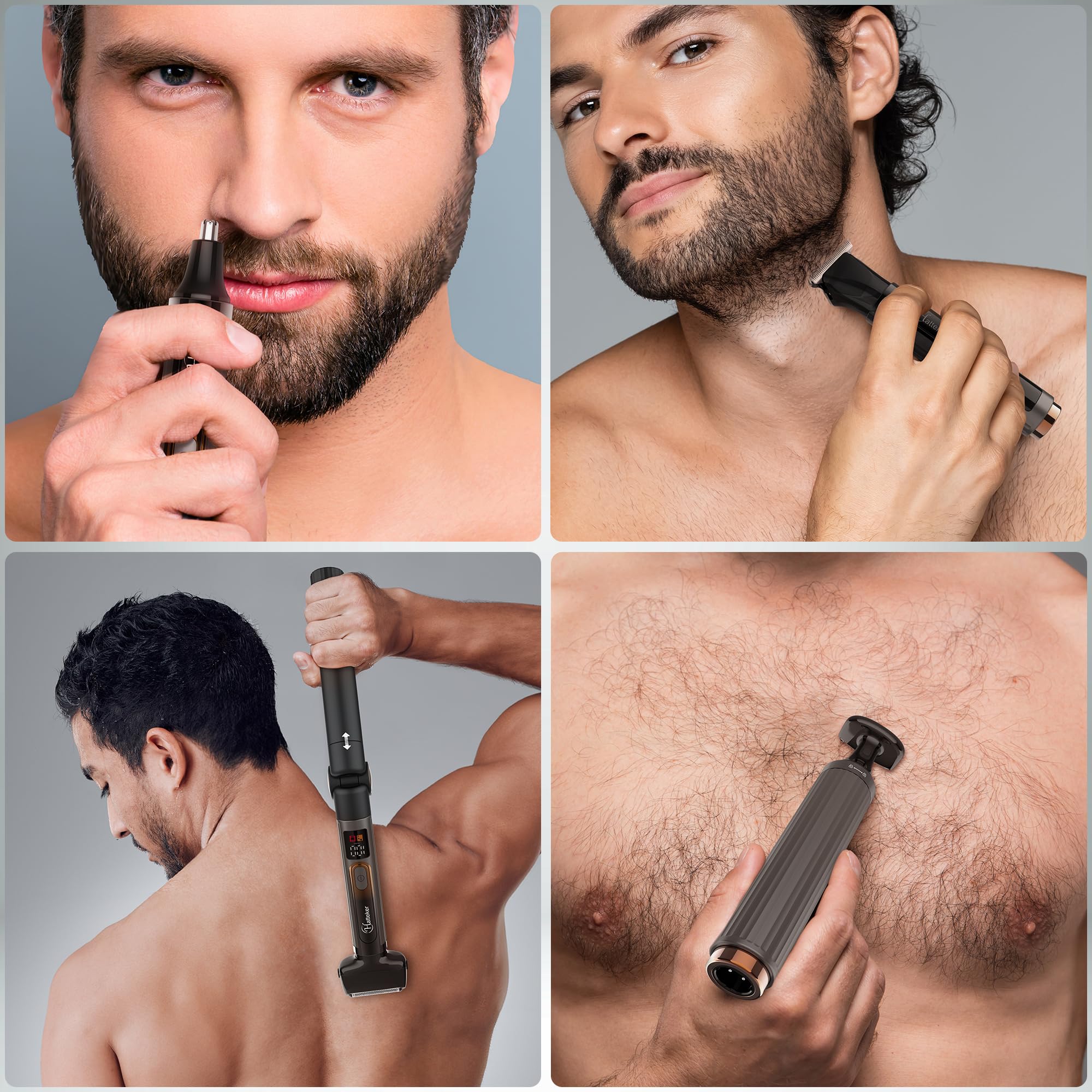Hatteker Rasoio elettrico da uomo, kit per la cura del corpo, rasoio elettrico per il corpo, regolabarba per viso, braccio, mento, senza fili, con prolunga regolabile, display a LED impermeabile