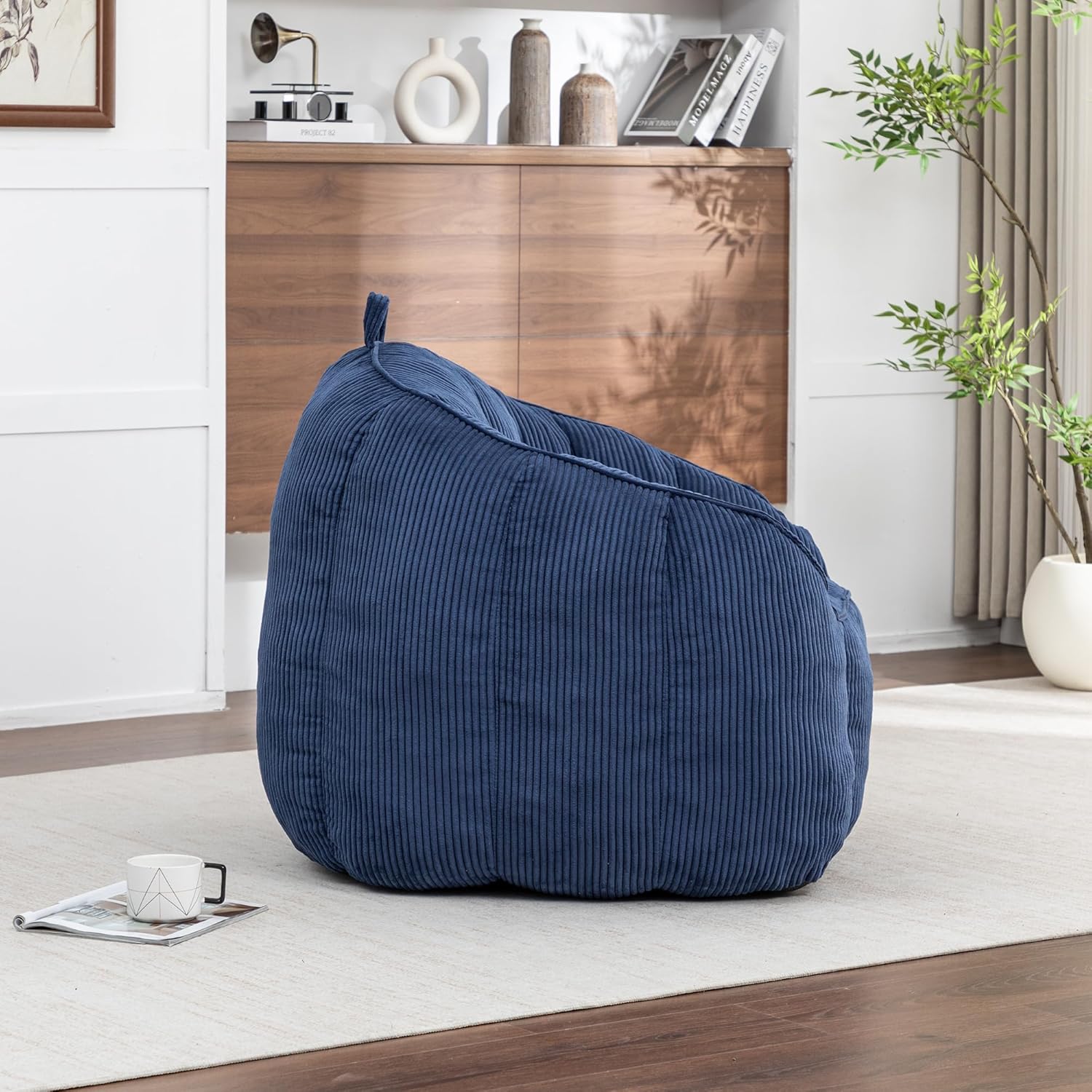 GDFStudio Bean Bag Chair for Adults, Large Bean Bag Sofa, Giant Comfy Floor Lounge Seat with Armrests and Backrest, Memory Foam Filling Corduroy Bean Bag Couch for Living Room Bedroom, Dark Blue