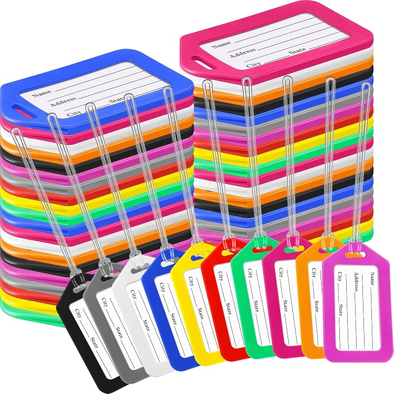 60 Pcs 60 Pcs Luggage Tags Bulk, Suitcases Backpack Baggage Name Tags with ID Card for Travel Wedding Back to School (PVC Rope)