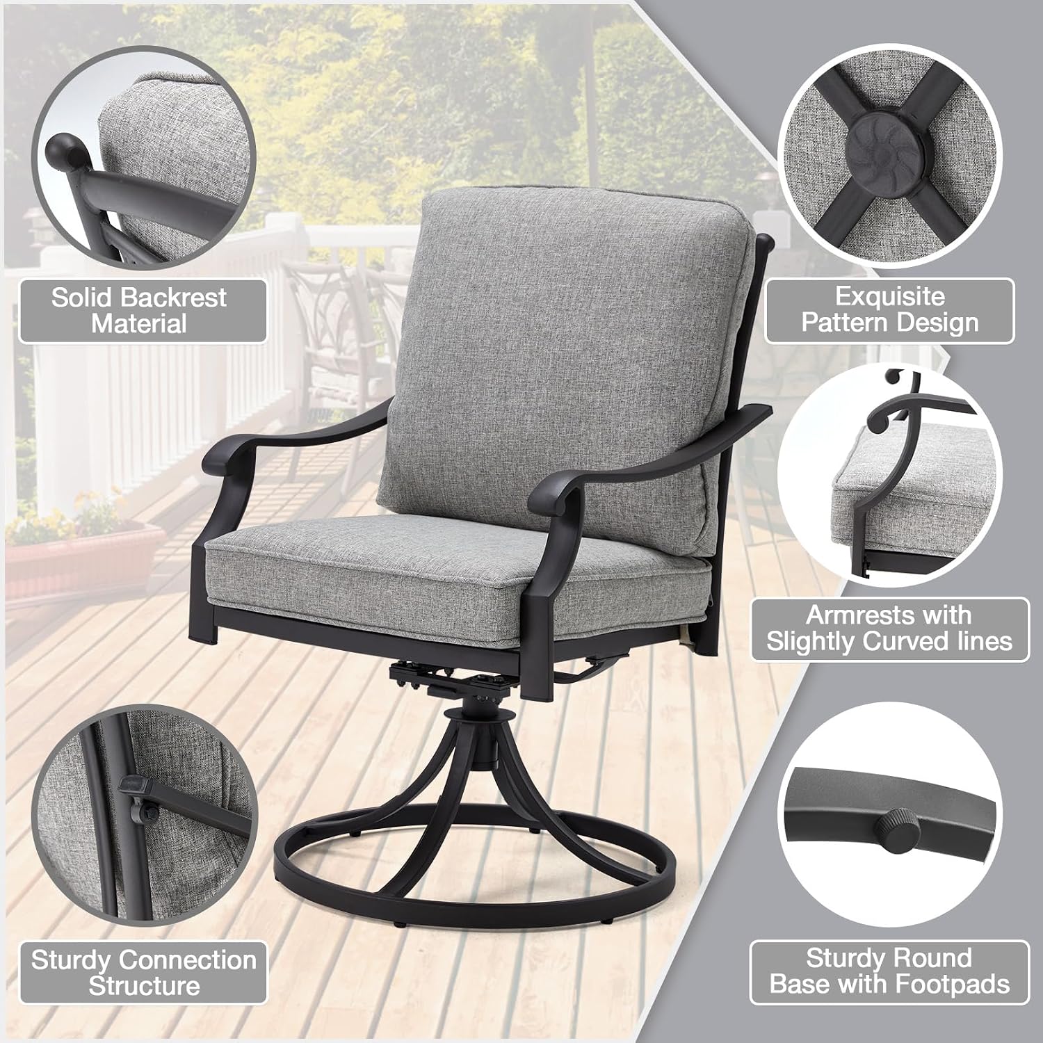 EROMMY Patio Swivel Chair Set of 2, Heavy Duty Outdoor Dining Chairs with Thickened Cushions, Metal Patio Chairs Gentle Rocker for Outside, Garden Lawn & Porch, Backyard, Grey