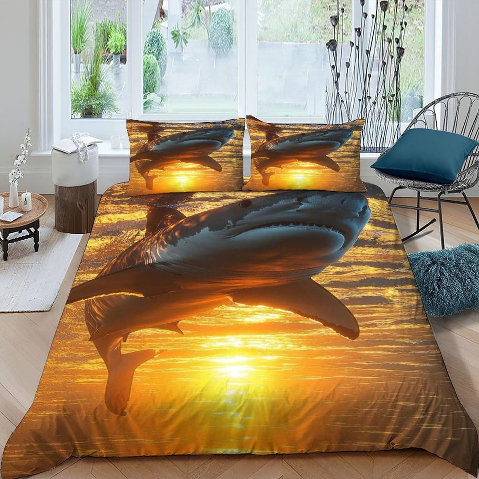 Parure de couette requin 220x240 anti-plis en microfibre douce pour lit 2 personnes