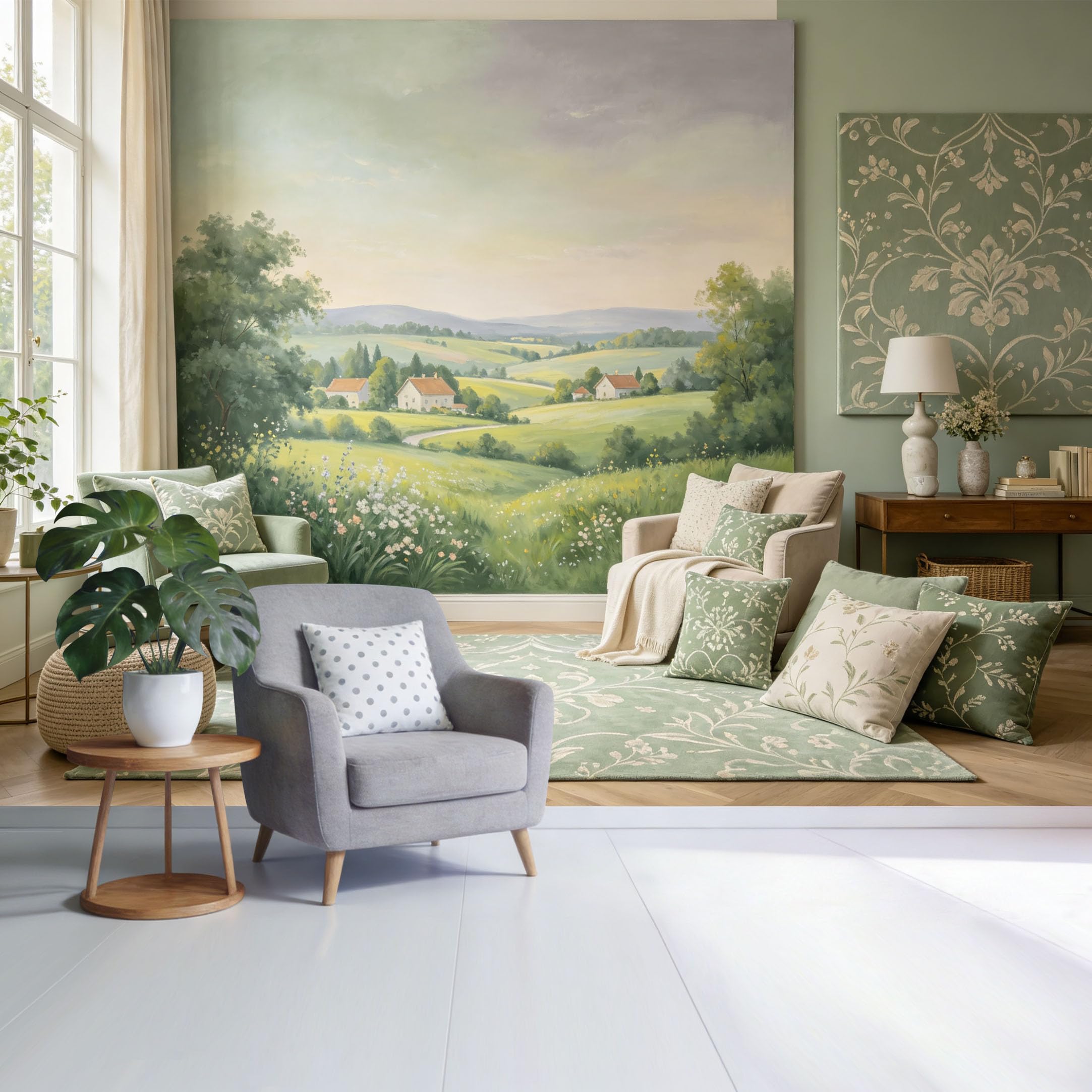 Custom Size Wall Mural Countryside Landscape Green Meadow Farmhouse View Oil Painting Style SelfAdhesive Wall Fabric Removable Wallpaper for Home Office Decor