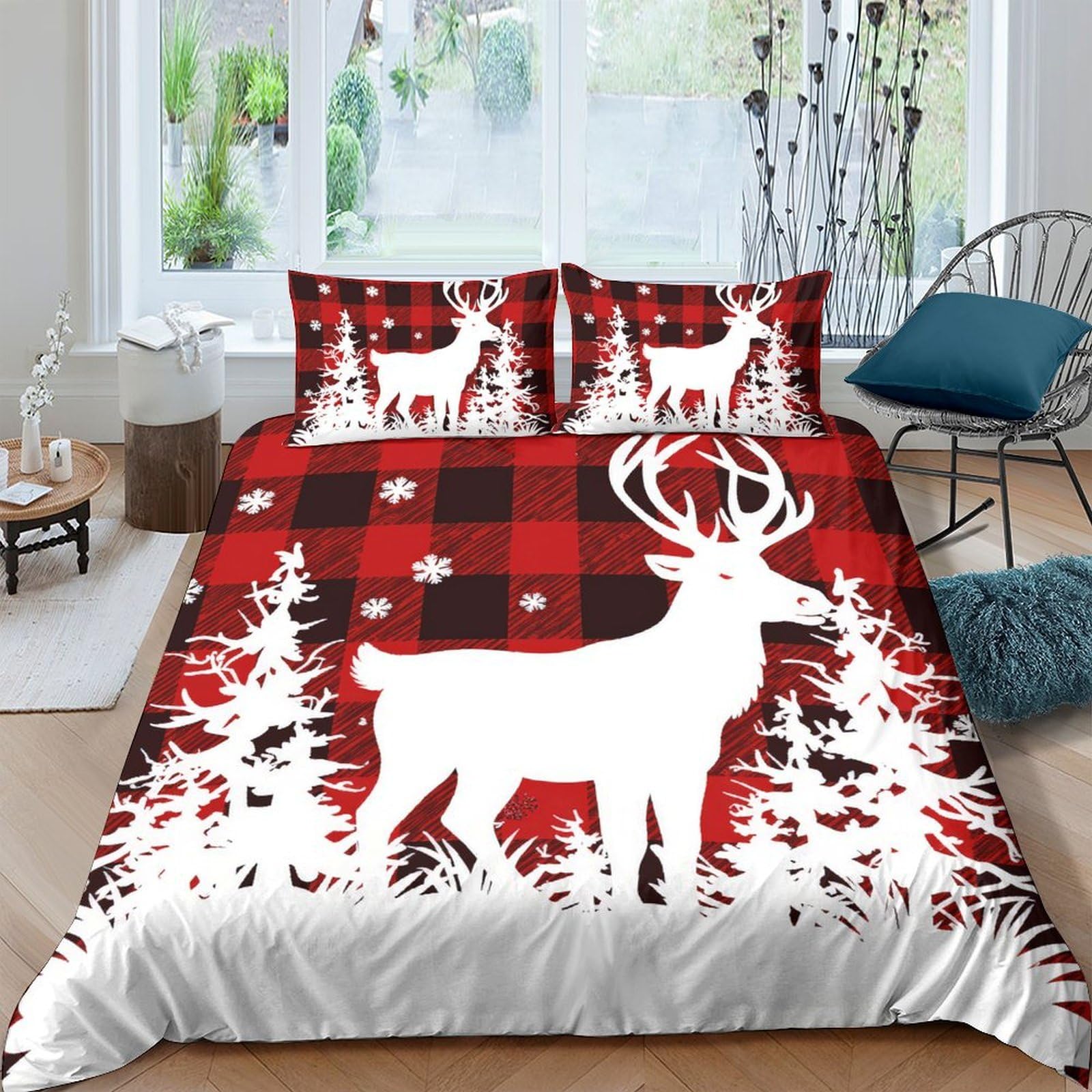 Ctjqhvkz Style-1 3D Printed Red Plaid Deer Fitted Sheet Microfiber Soft Breathable White Forest Bed Cover For Bedroom Decor Single（135X200cm）
