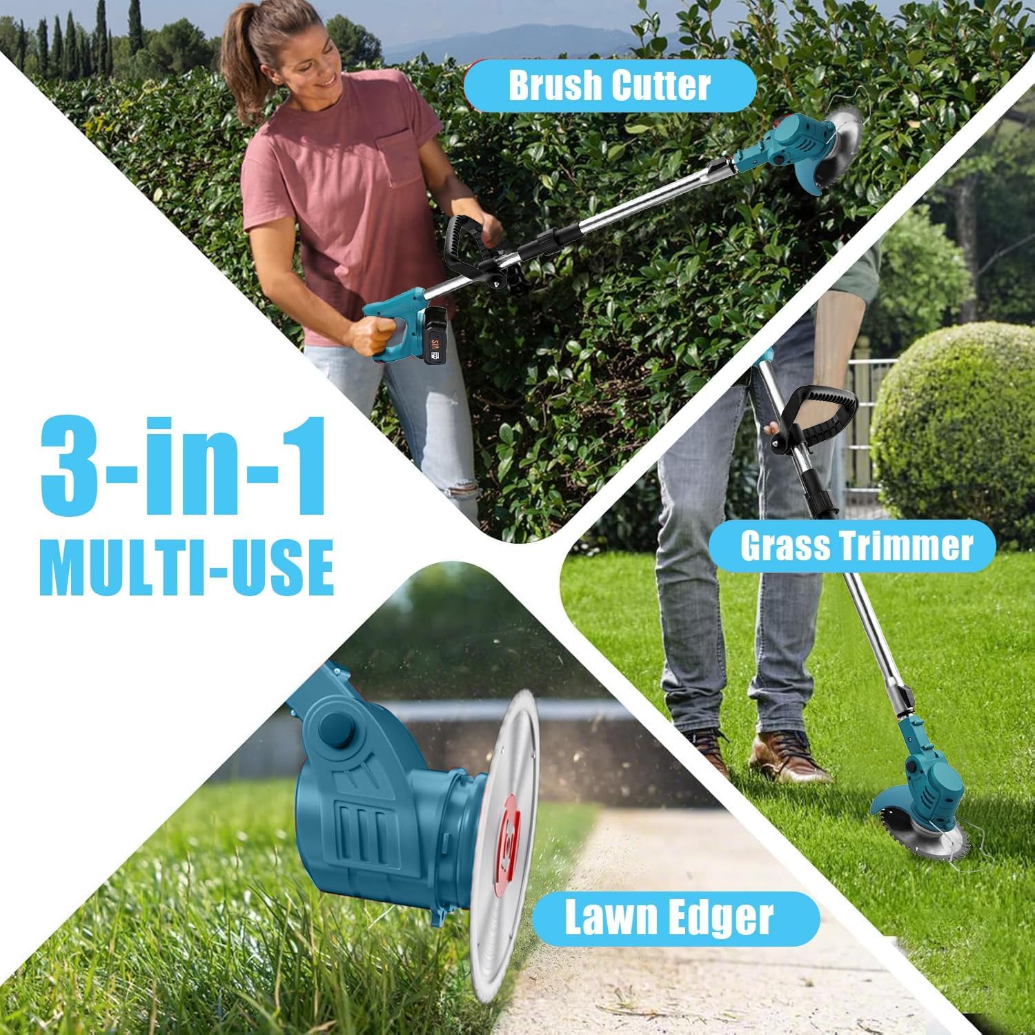 Cordless Strimmer 21V, Electric Grass Strimmer With 2 X 3.0Ah Batteries And 3 Blade Types, Height Adjustable, Foldable Battery Strimmer, Removable Wheels, Brush Cutters For Garden And Lawn Mowing