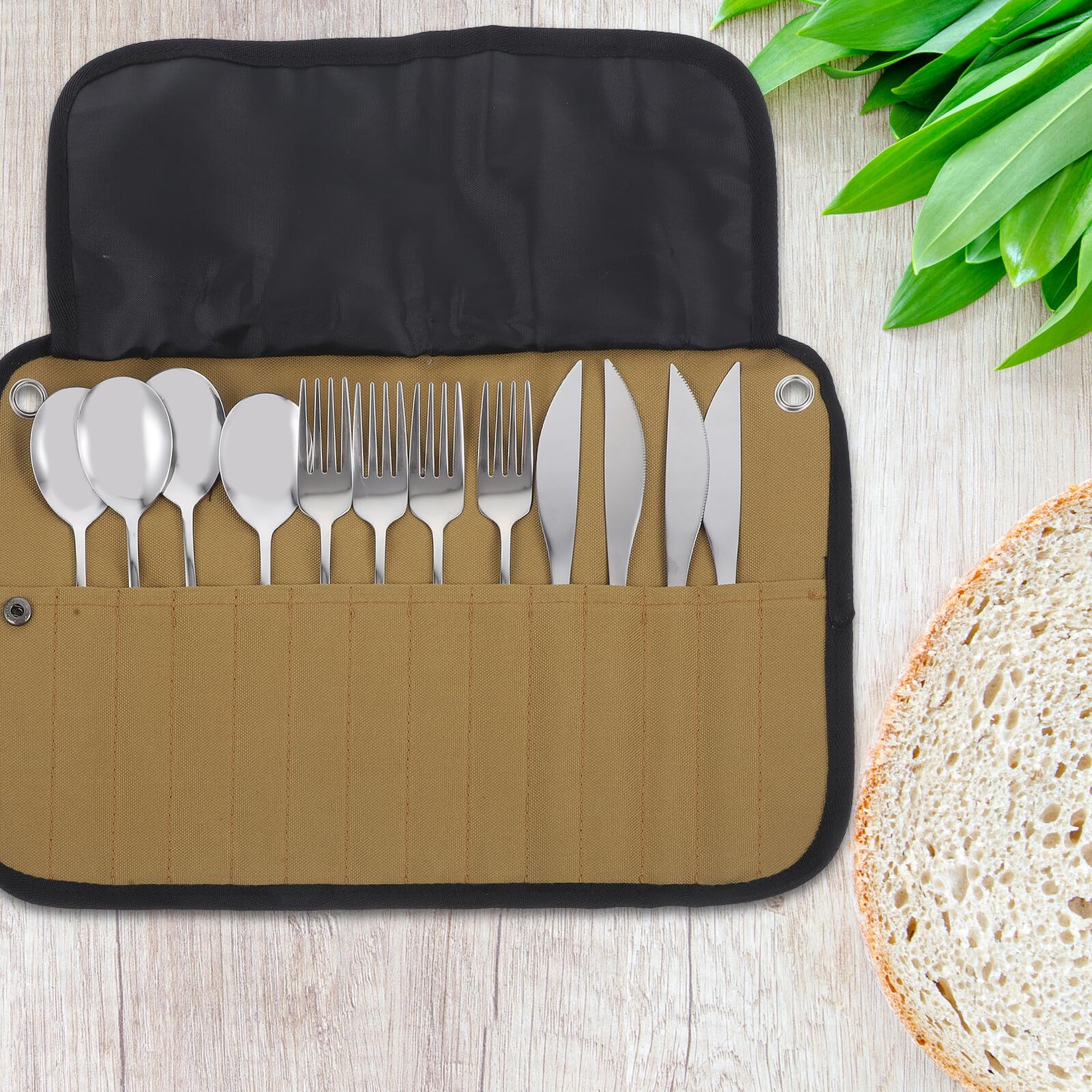 Campingbesteck Satz 1 Satz aus Edelstahl in Silber mit Tasche | Nylon Beutel, für Camping und Restaurant, Leicht zu Reinigen, Tragbar und Einfach Mitzunehmen