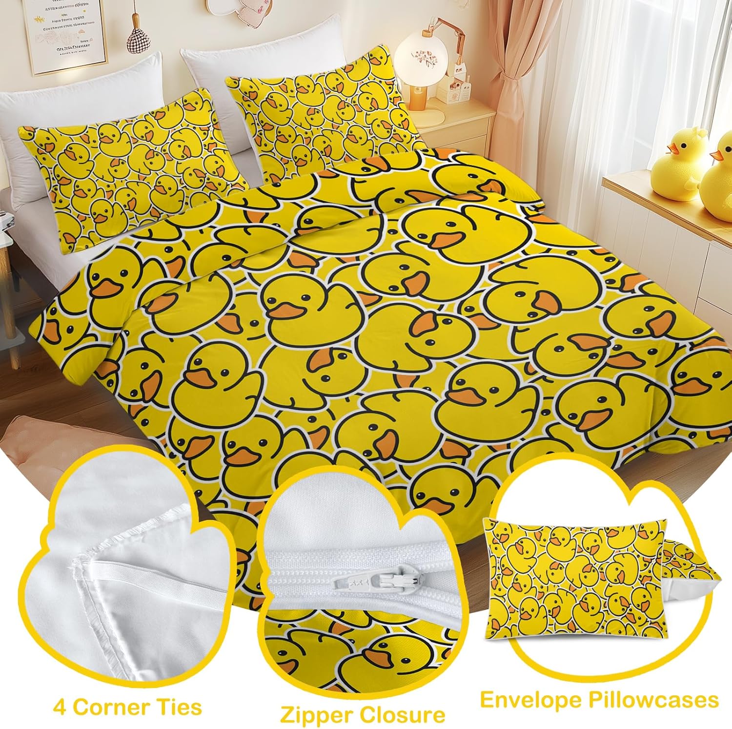 Yellow Duvet Cover Sets for Kids: Yellow Rubber Duck Pattern Bedding Sets- 3 Pieces Cute Comforter Cover Set- Super Soft Rubber Duck Bedspread for Girls Boys Teens Adults (Queen)