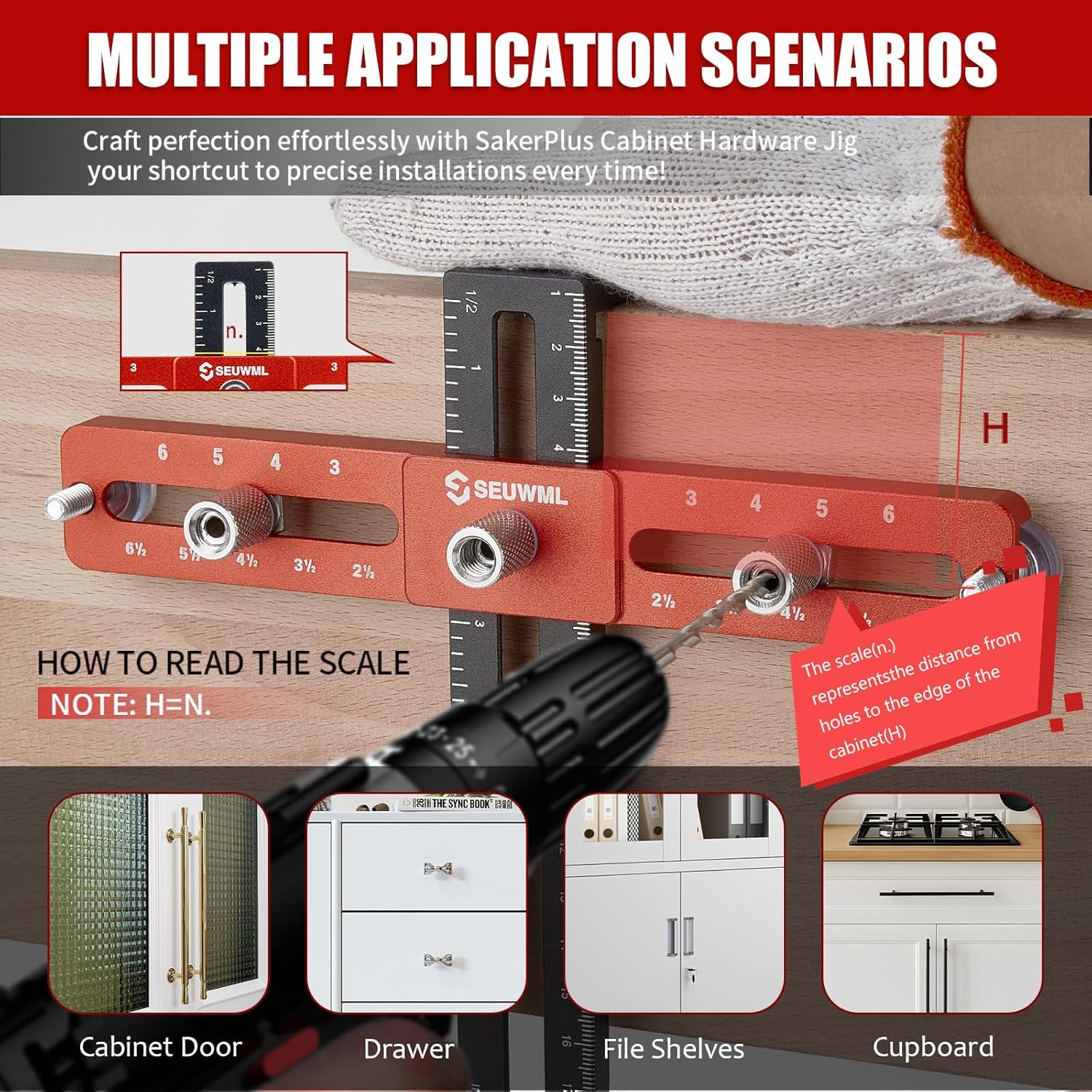 Cabinet Hardware Jig,Cabinet Handle Jig for Drawers Cabinets,Adjustable Cabinet Hardware Template Tool for Knobs,Handles and Pulls,Self-Centering Drill Guide for Precise Installation