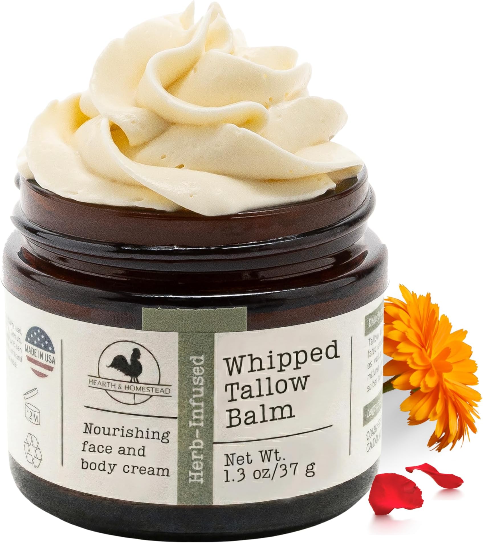 Hearth and Homestead: Handmade Whipped Tallow Balm (Unscented/Herb-Infused) - Organic Body Butter with Infused Olive Oil, for Eczema, Rosacea, Baby - 1.3 oz