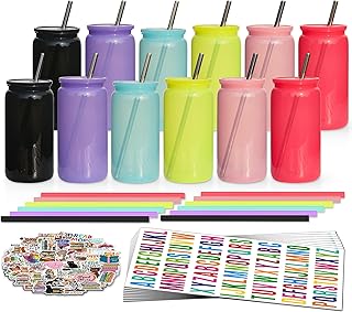 16 oz Plastic Cups Reusable with Lids and Straws & DIY Sticker, 12Pack Acrylic Mason Jars Iced Coffee Drinking Glasses Cup for Park Picnic, Poolside, Party Giveaways, Jelly Color