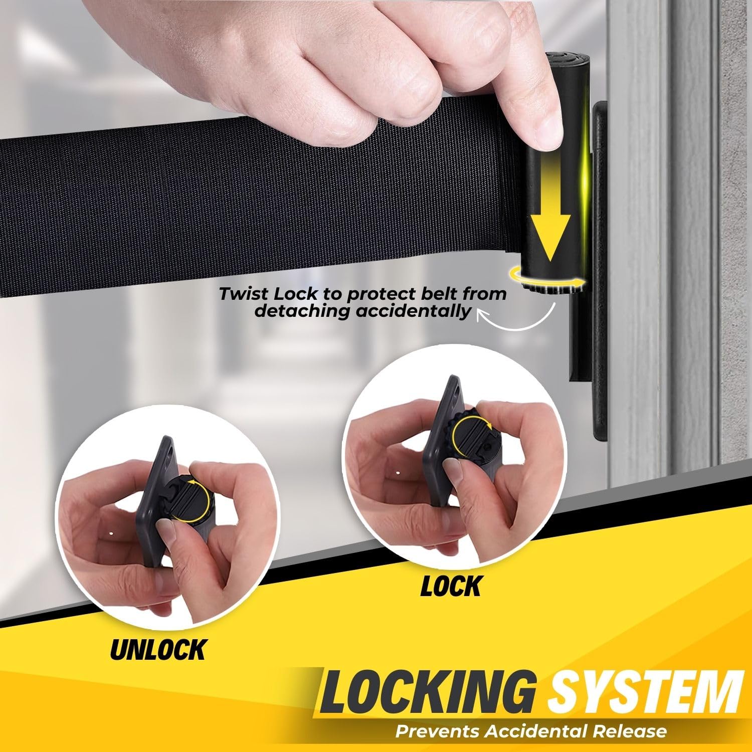 Flexzion Crowd Control Retractable Belt Barrier - 10Ft 3m Wall Mounted Safety Barrier Belt, Queue Line Dividers with Nylon Rope Belt & Sturdy Stainless Steel Case for Indoor/Outdoor Use