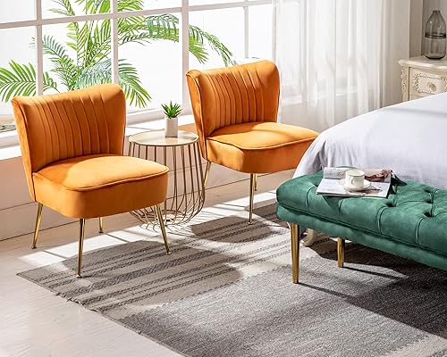 Miniatura 38 de Juego de 2 sillas decorativas de terciopelo, cómodas sillas de sala de estar, sin brazos, sofá individual lateral de mediados de siglo con patas