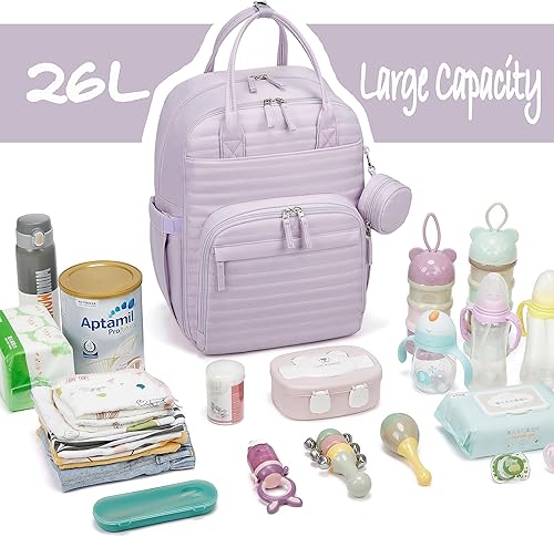 Miniatura 6 de Somago Mochila para pañales para bebé, mochila multifunción para viajes, bolsa de bebé con cambiador, correa para cochecito, Púrpura, Mochila
