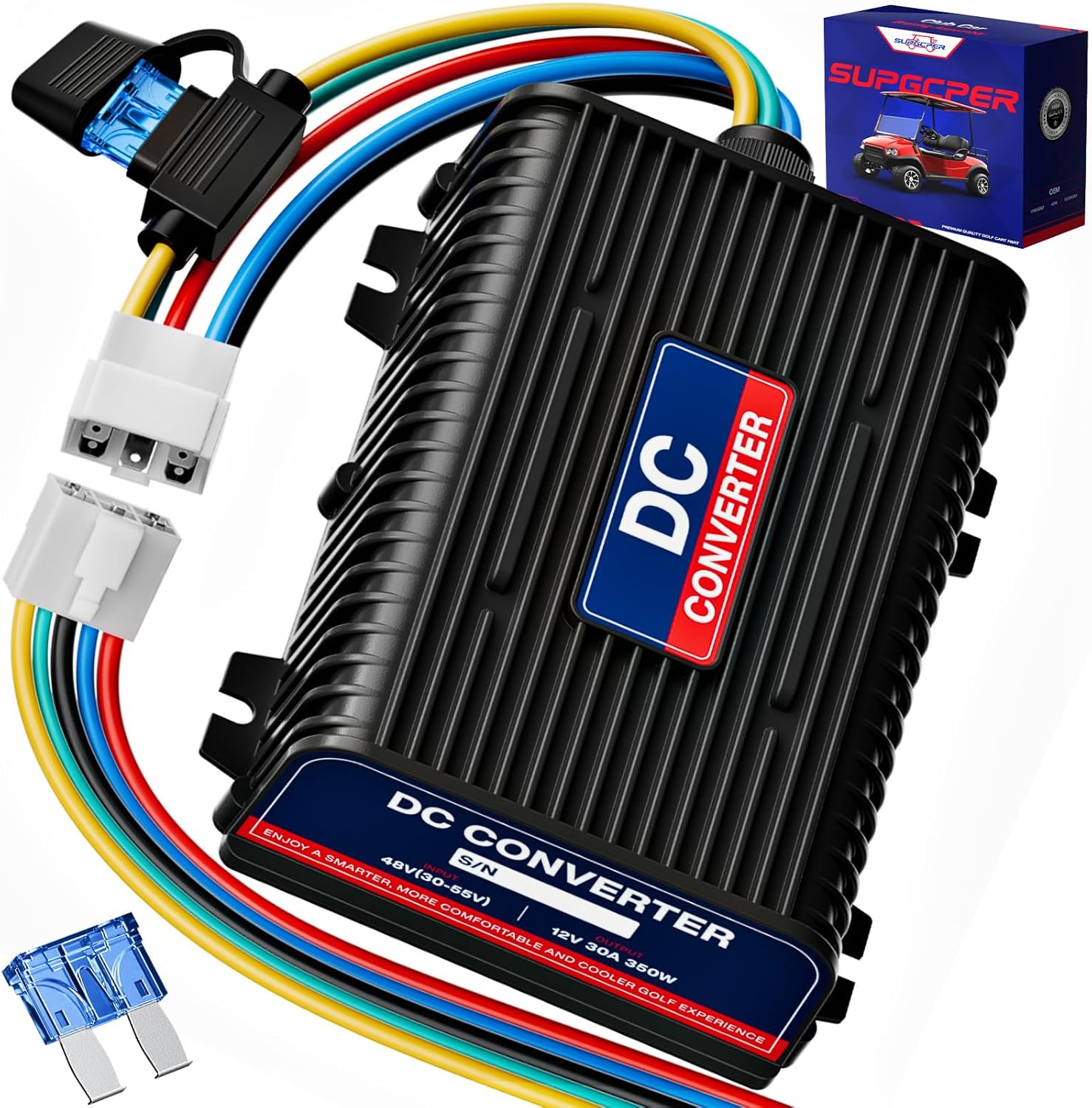 48V 36V to 12V Golf Cart DC Converter, 360W 30A Universal Golf Cart Voltage Reducer DC Power Regulator, Step Down Transformer with Fuse&Switch Harness, Power-off Design fits Club Car, E Z GO, YAMAHA