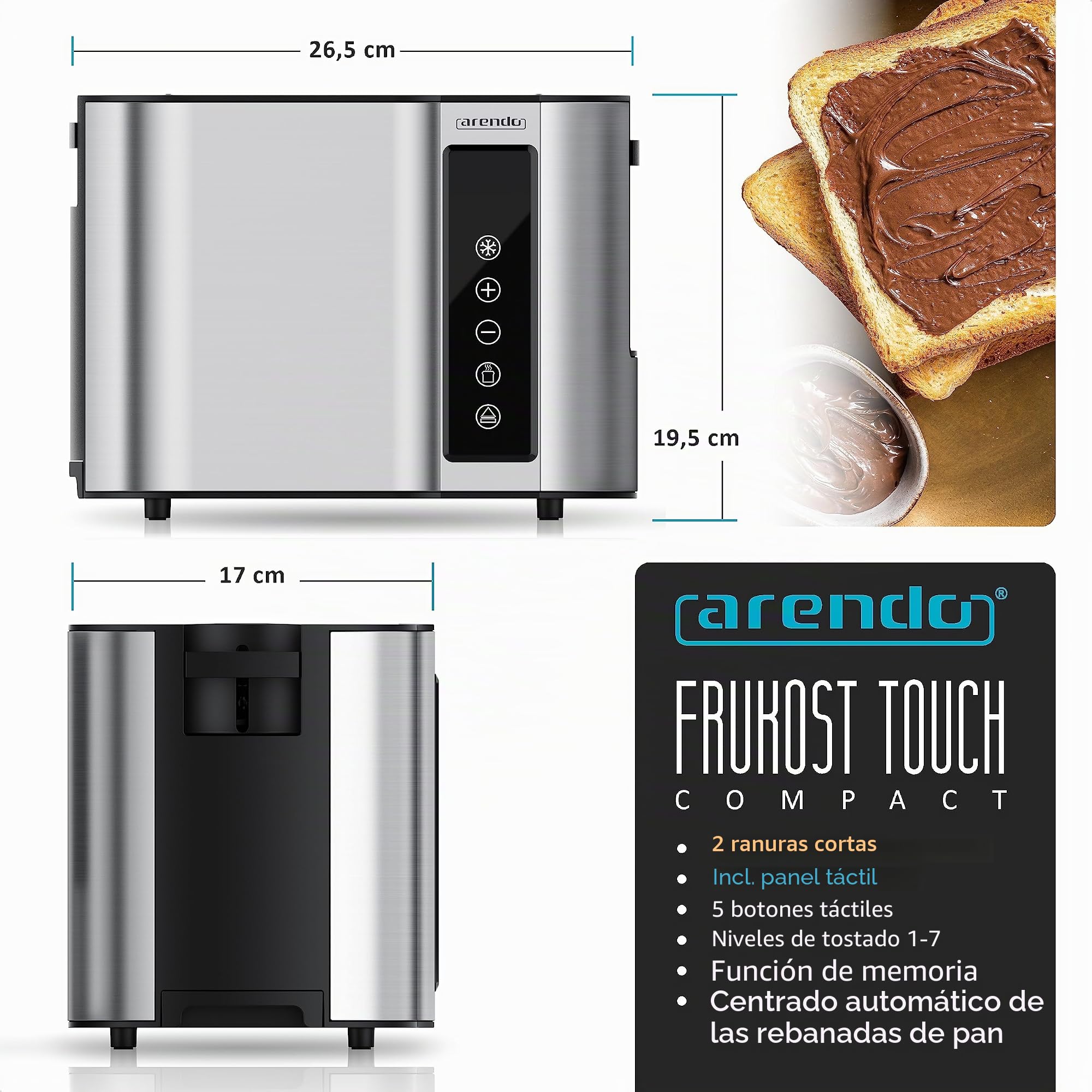 Arendo – Tostadora táctil de 2 rebanadas de acero inoxidable, pantalla táctil digital del tiempo restante – 800 W – Caja de doble pared – con rejilla recalentadora de bollería – 7 niveles de bruñido