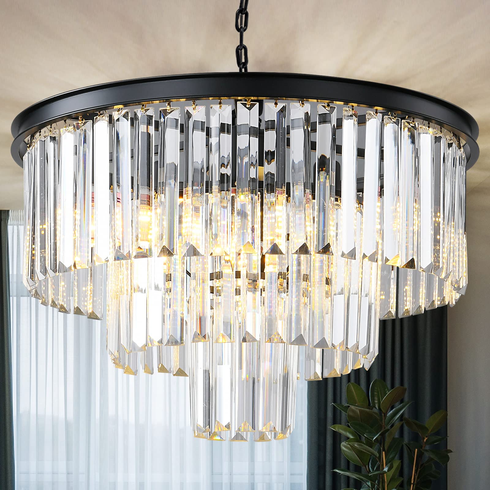 Laiuetai Black Modern Crystal Chandelier, 3-Tier Round Flush Mount ...