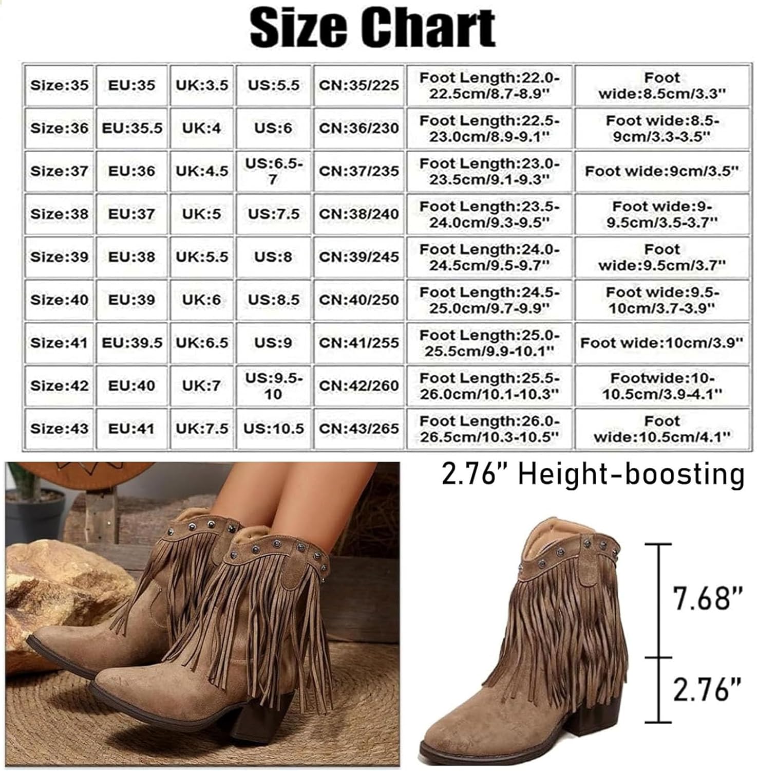 Women's Fringe Cowboy Boots Short Mid Calf Cowgirl Boots with Studded Stylish Pointed Toe Chunky Heel Slip On Ankle Boots