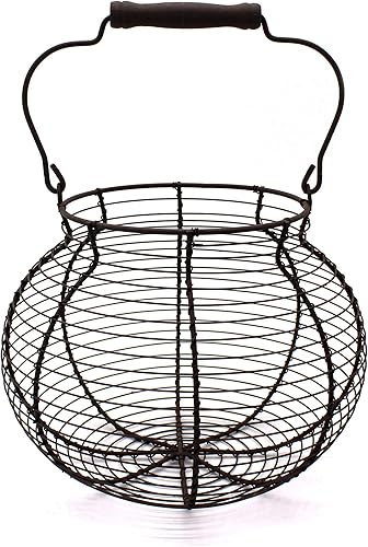 Miniatura 9 de CVHOMEDECO. Antique Wire Egg Basket with Handle Primitives Vintage Gathering Basket. Black (7-34"Dia. X 5"H Black)
