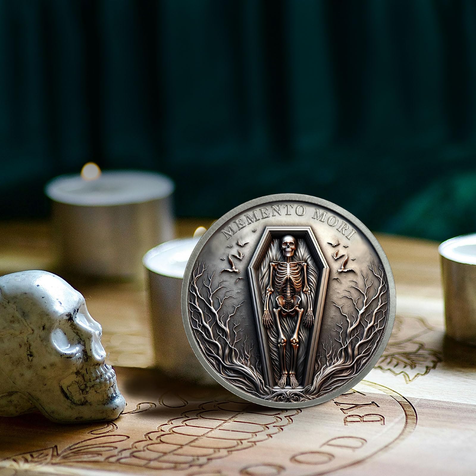 AtSKnSK Memento Mori Moneda Man vive solo una vez Calavera Moneda Desafío Moneda Regalo Genial con Tema Estoico Medallón Chip Regalo Estoico Regalo para Mujeres Hombres