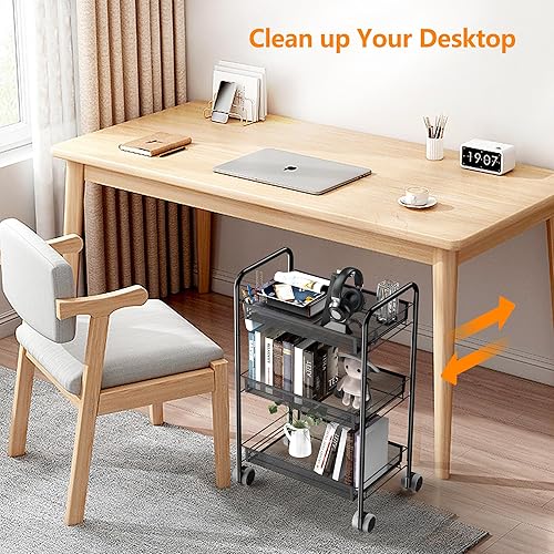 Miniatura 2 de Carrito de metal de 3 niveles con ruedas, con cestas, fácil de transportar y montar con práctico cubo y ganchos, negro MRC02B