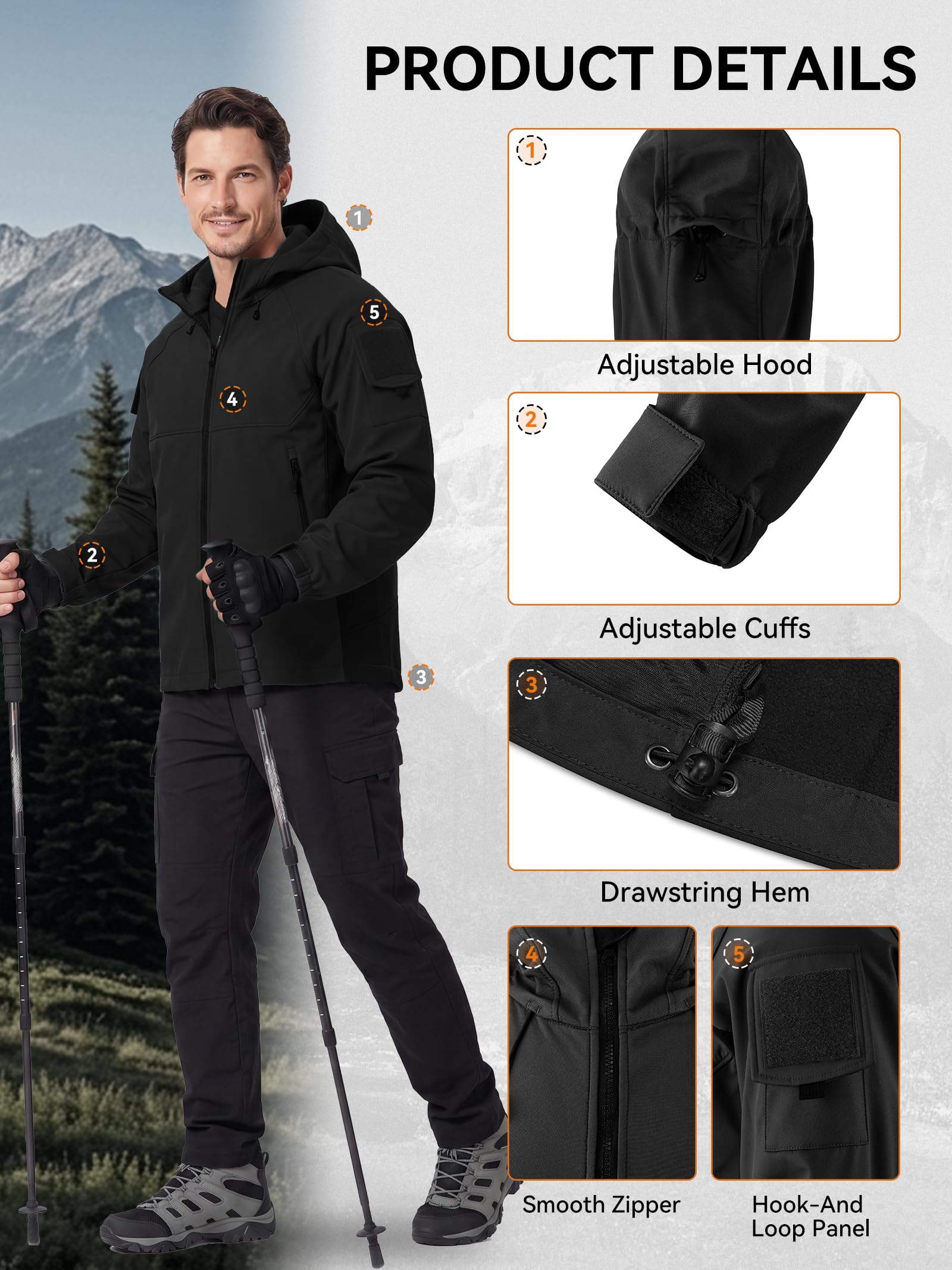 Herren Softshelljacke, Wasserabweisend & Winddicht, Warm mit Fleecefutter, Winterjacke Funktionsjacke mit Kapuze für Wandern, Radfahren, Camping