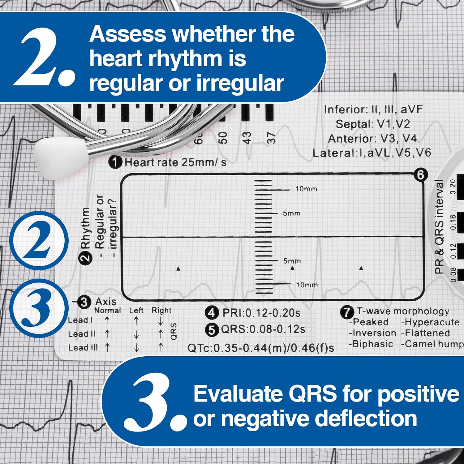 3pcs ECG 7 Step Ruler, Clear Plastic EKG Calipers Measuring Tool