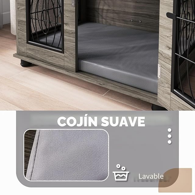 Foto 5 de 8 de PawHut Mueble Jaula Perro con cojín para Perros medianos 80x56x63cm Gris