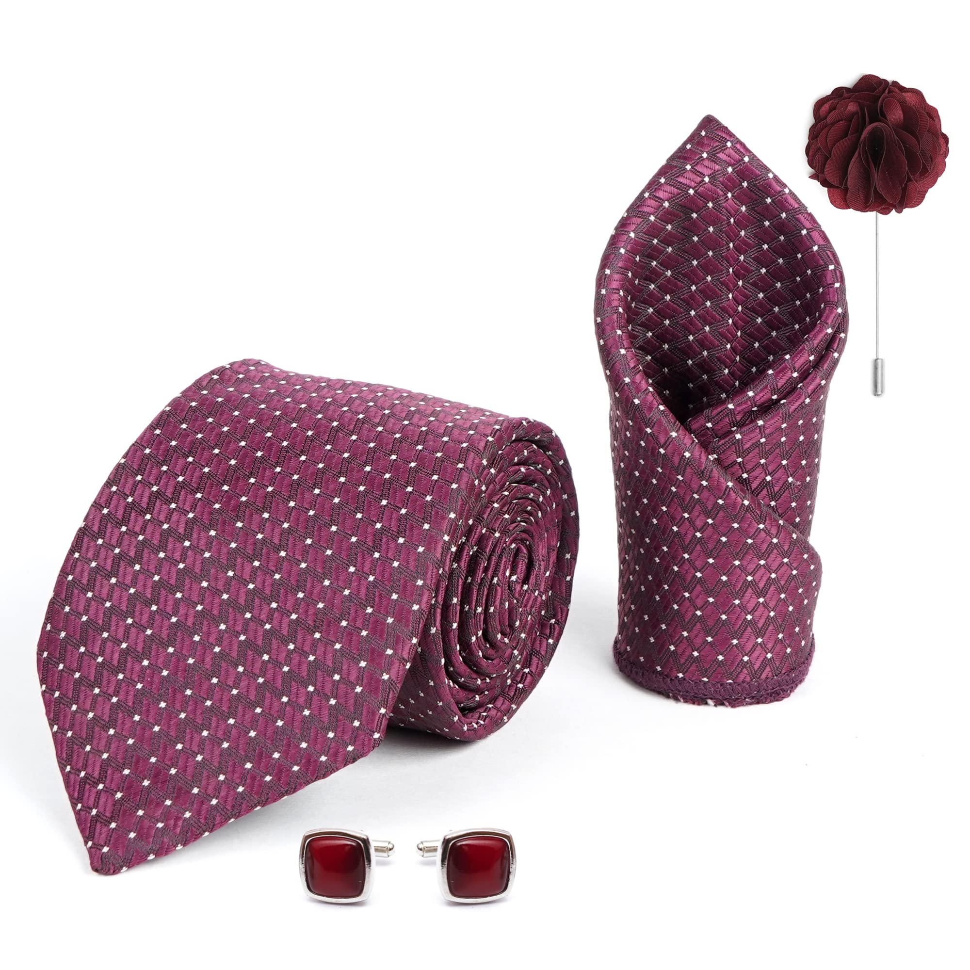rizoro Tie for Men – Dotted Silk Neck Ties Set with Cufflinks Flower Pin, Pocket Square & Black Gift Box, Combo Necktie Sets for Office Wear, Formal Suits & Weddings (0, A12RX)-picture-50