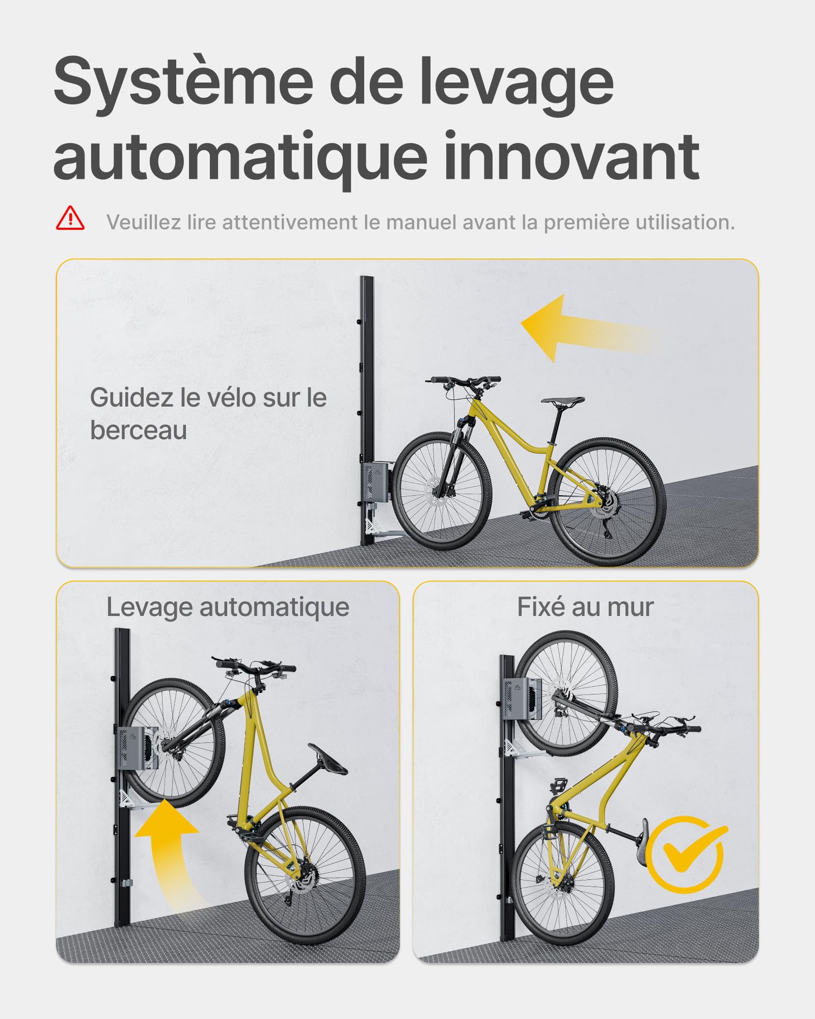 monTEK Porte Velo Automatique,Pneus 24-29",Charge Max 32Kg | Support Cintre de Vélo, Porte Mural Pour Vélo Electrique, Porte-Vélo Vertical, Levage Automatique,Élévateur de Vélo