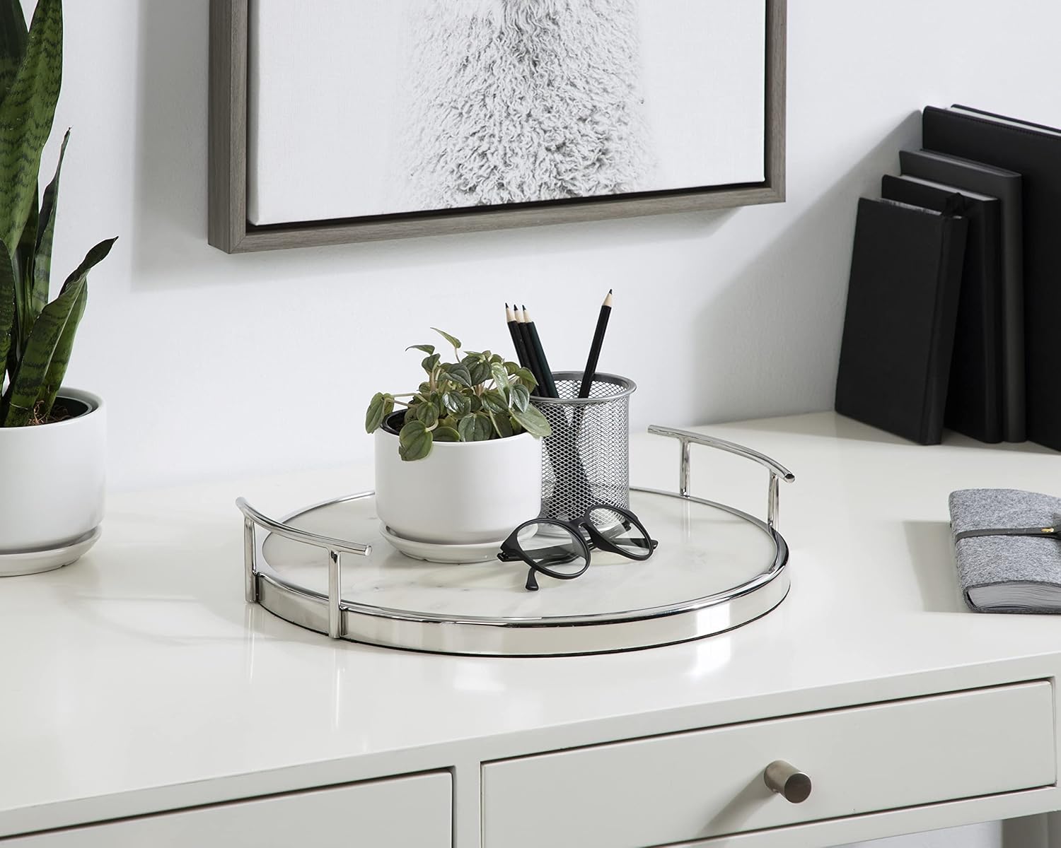 Kate and Laurel Marbury Modern Round Marble Tray; 14 Inch Diameter; Silver; Decorative White Marble Tray for Display and Storage