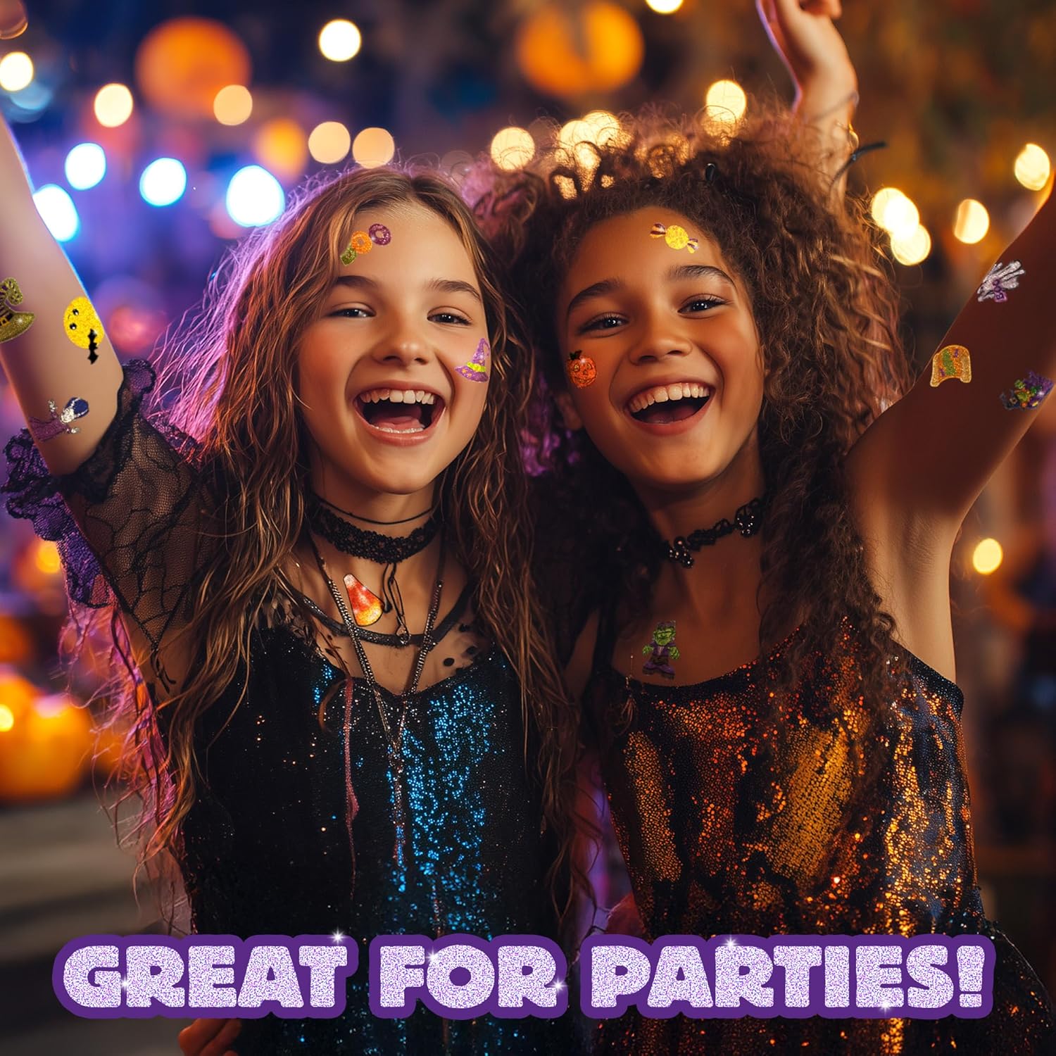 Assorted Glitter Halloween Tattoos – Sparkly Temporary Tattoos for Kids, Includes Pumpkins, Ghosts, Bats & More, Non-Toxic Party Favors & Trick-or-Treat Handouts