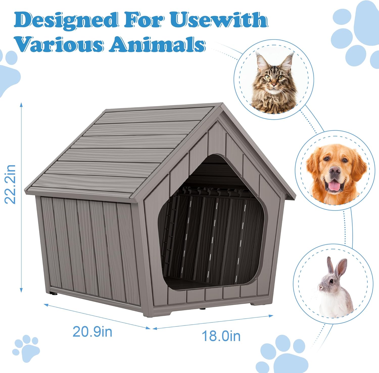 KAMABOKO Dog House for Indoor & Outdoor, Weatherproof Plastic Puppy Kennel, Durable PP Pet Shelter with Ventilation for Small Dogs and Puppies,Gray