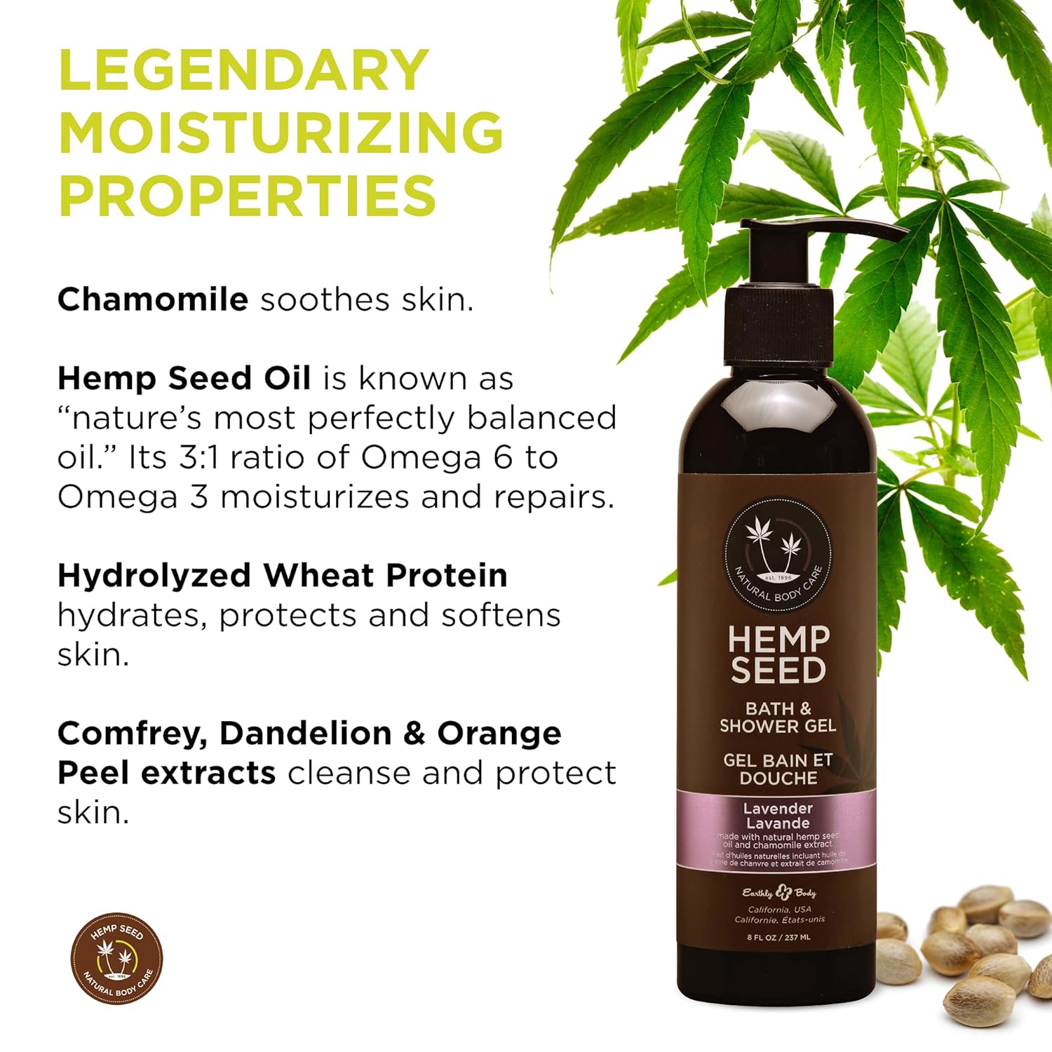 Hemp Seed Bath & Shower Gel - 8 oz - Moisturizing Formula with Hemp Seed Oil, Chamomile & Hydrolyzed Wheat Protein - Vegan, Cruelty Free - Image 3