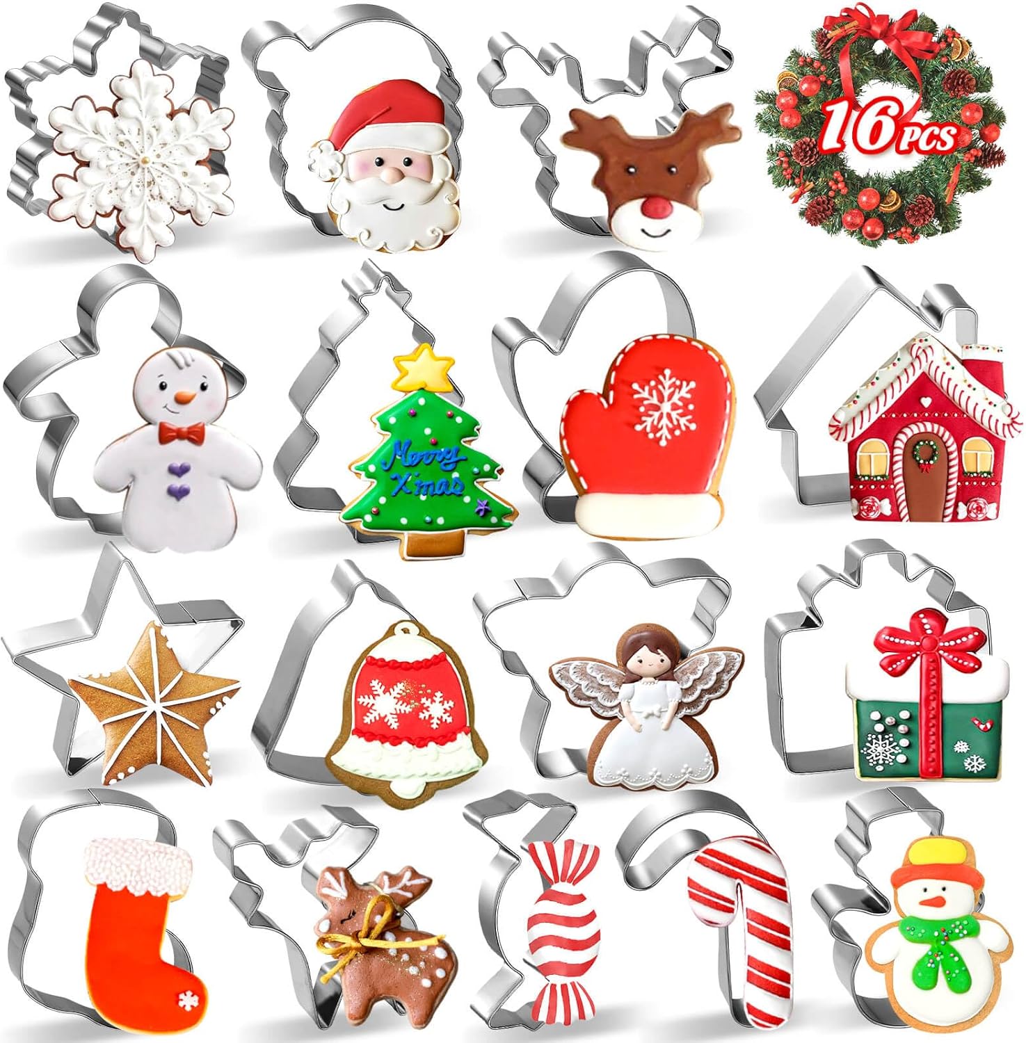 16PCS Christmas Cookie Cutters, Stainless Steel Metal Holiday Cookie Cutters Christmas Shapes, Mini Large Christmas Cookie Cutters Gingerbread, Snowflake, Christmas Tree, Sugar, Snowman 16PCS Christmas Cookie Cutters, Stainless Steel Metal Holiday Cookie Cutters Christmas Shapes, Mini Large Christmas Cookie Cutters Gingerbread, Snowflake, Christmas Tree, Sugar, Snowman