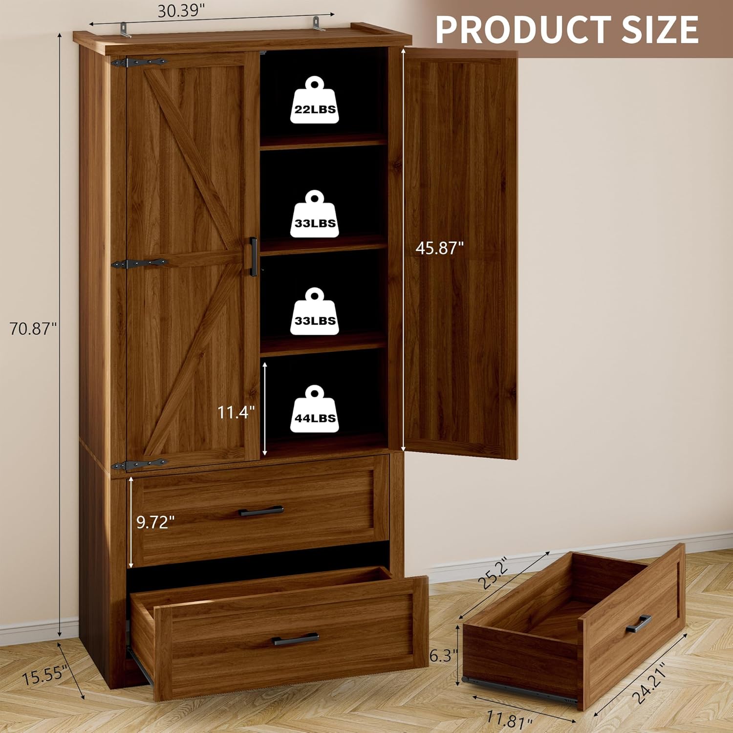 BORNOON Pantry Organizers and Storage Cabinet, 71” Barn Door White Kitchen Cabinet with Drawers and Adjustable Shelf, Tall Pantry for Kitchen, Dining Room, Living Room. Bathroom and Office