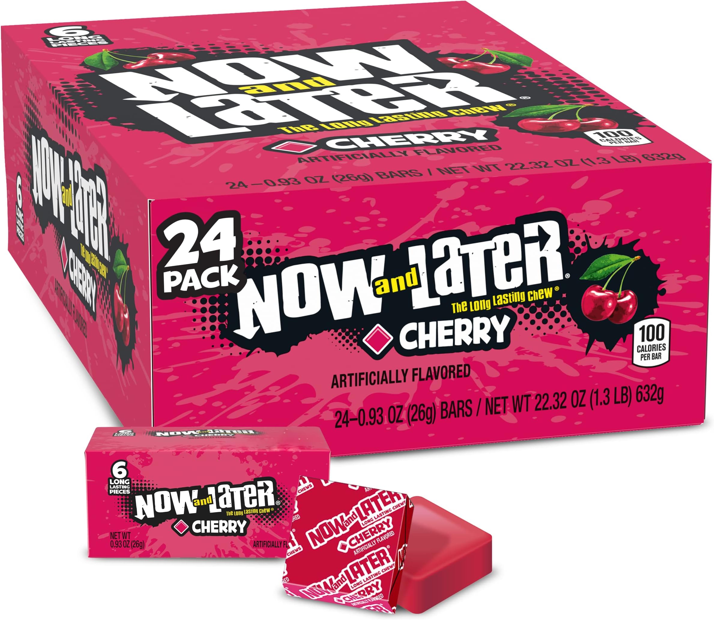 Now and Later Candy, Cherry, 0.93ounce Bars (Pack of 24)
