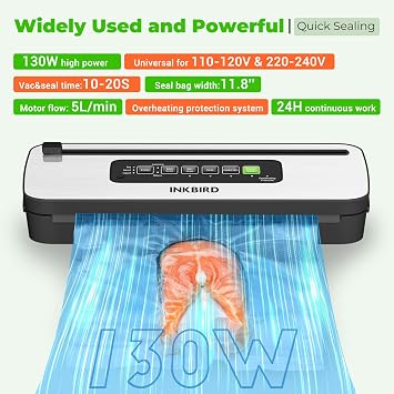 Vacuum Sealer Machine, INKBIRD Powerful 130W High Power with Liquid/Moist/Dry 6-Food Modes, Compact Food Preservation System with Cutter, Full Start Kit with Pre-cut Bags*10 (8''*11.8''), EXT-VAC
