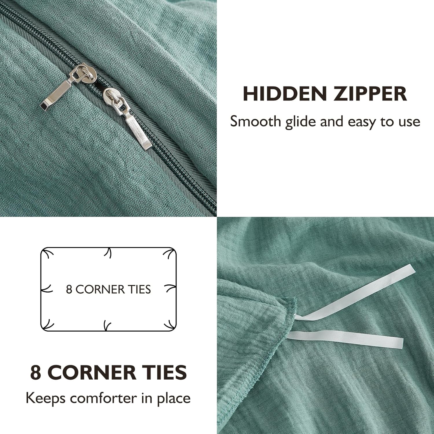 EMME Muslin Cotton Duvet Cover Set Teal King Size Linen Like Soft Breathable Lightweight Summer Comforter Cover Set with Zipper Closure (Teal, King, 104"x90") - Image 7
