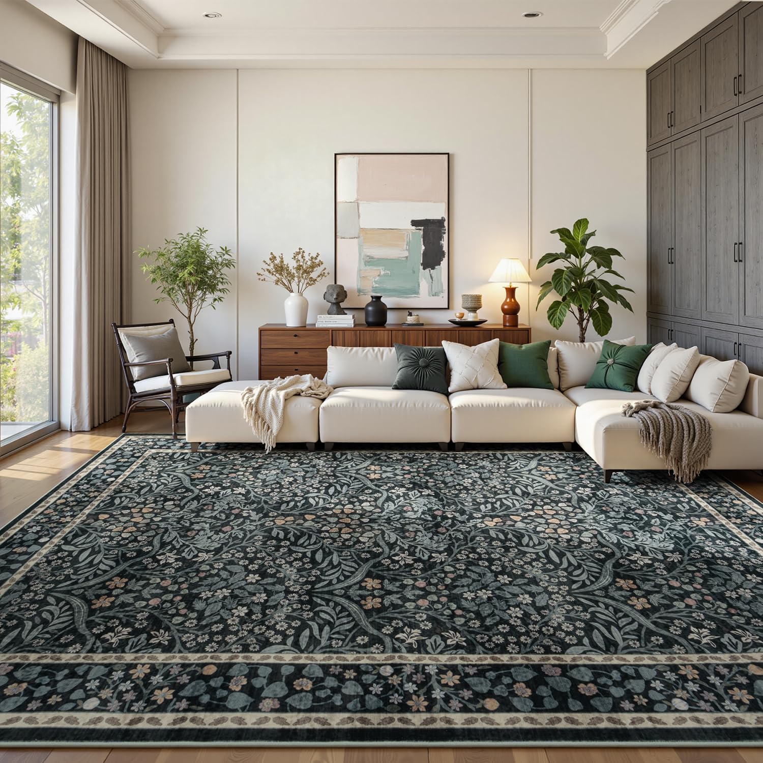 Lofus Black Rug 8x10, Washable Large Living Room Area Rugs Non Slip Low Pile, Boho Floral Carpet for Kitchen Bedroom Dining Room Nursery Home Office, Vintage Farmhouse Forest-Themed Area Rugs