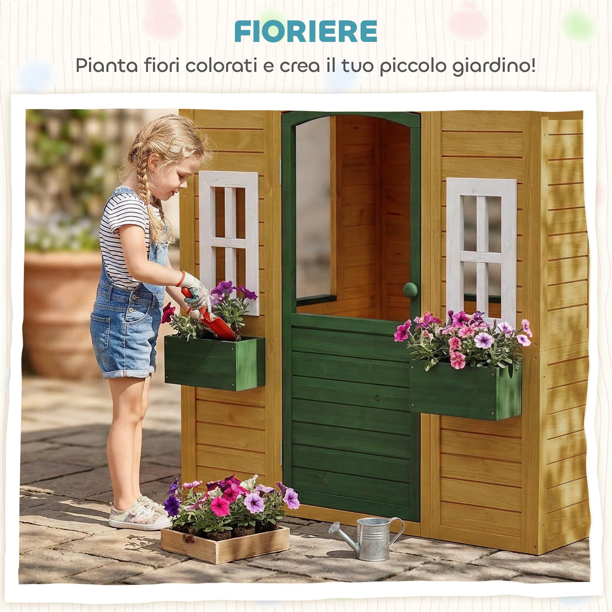 AIYAPLAY Casetta da Giardino per Bambini in Legno di Abete, Casetta per Bambini da Esterno con 3 Finestre, 2 Fioriere, Porta e Tetto, per Bimbi 3-8 Anni, Interno ed Esterno, 134.5x97x150 cm, Marrone