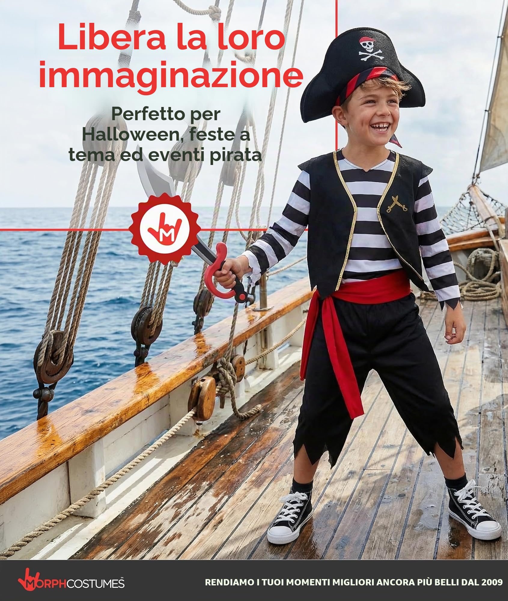 Morph Costume Pirata Bambino, Costume Pirata Halloween Bambino | Maglia con Gilet, Pantaloni, Cappello, Benda & Spada, Perfetto per Halloween, Ideale per il Gioco di Ruolo