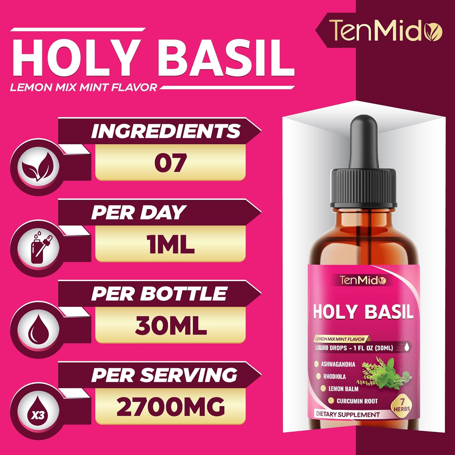7in1 Holy Basil Tincture with Ashwagandha, Rhodiola Rosea, Lemon Balm, Curcumin, Saffron, and Black Pepper - Support Relaxation - 30ml 1 Fl Oz - Image 3