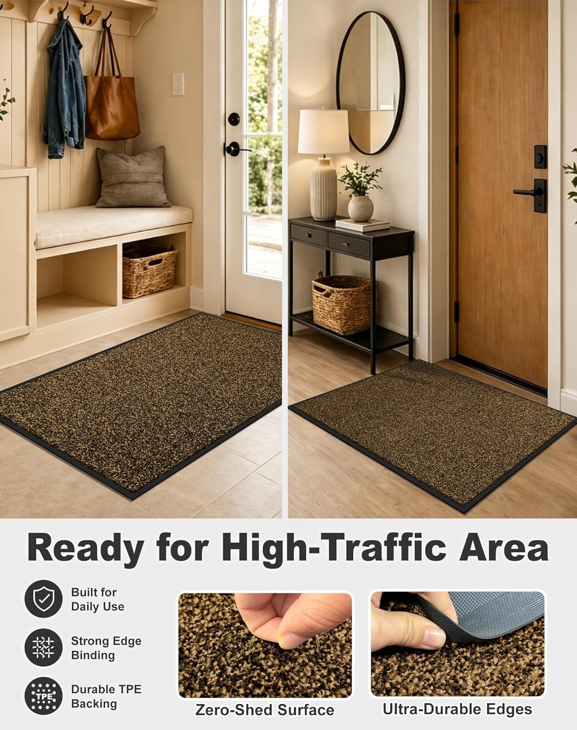 Mibao Front Door Mat, Dirt Trapper Welcome Mat for Outdoor Indoor, Non-Slip Waterproof Doormat, Durable Machine Washable Low Profile Entry Rug for Back Door Outside Patio Porch, 36" x 24", Brown