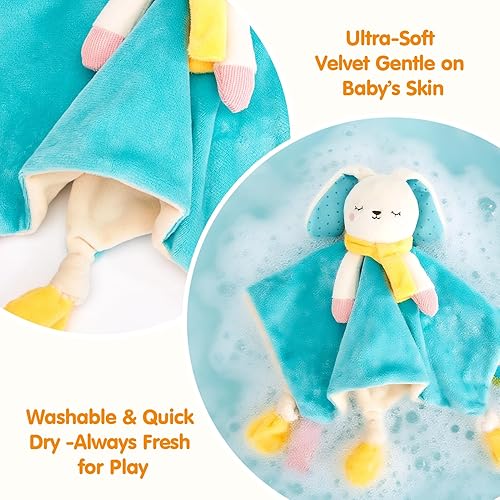 Miniatura 6 de hahaland Manta de seguridad Baby Lovey, juguete sensorial colgante de felpa con mordedor, sonajero y arruga para bebés de 0 a 3 a 6 a 12 meses