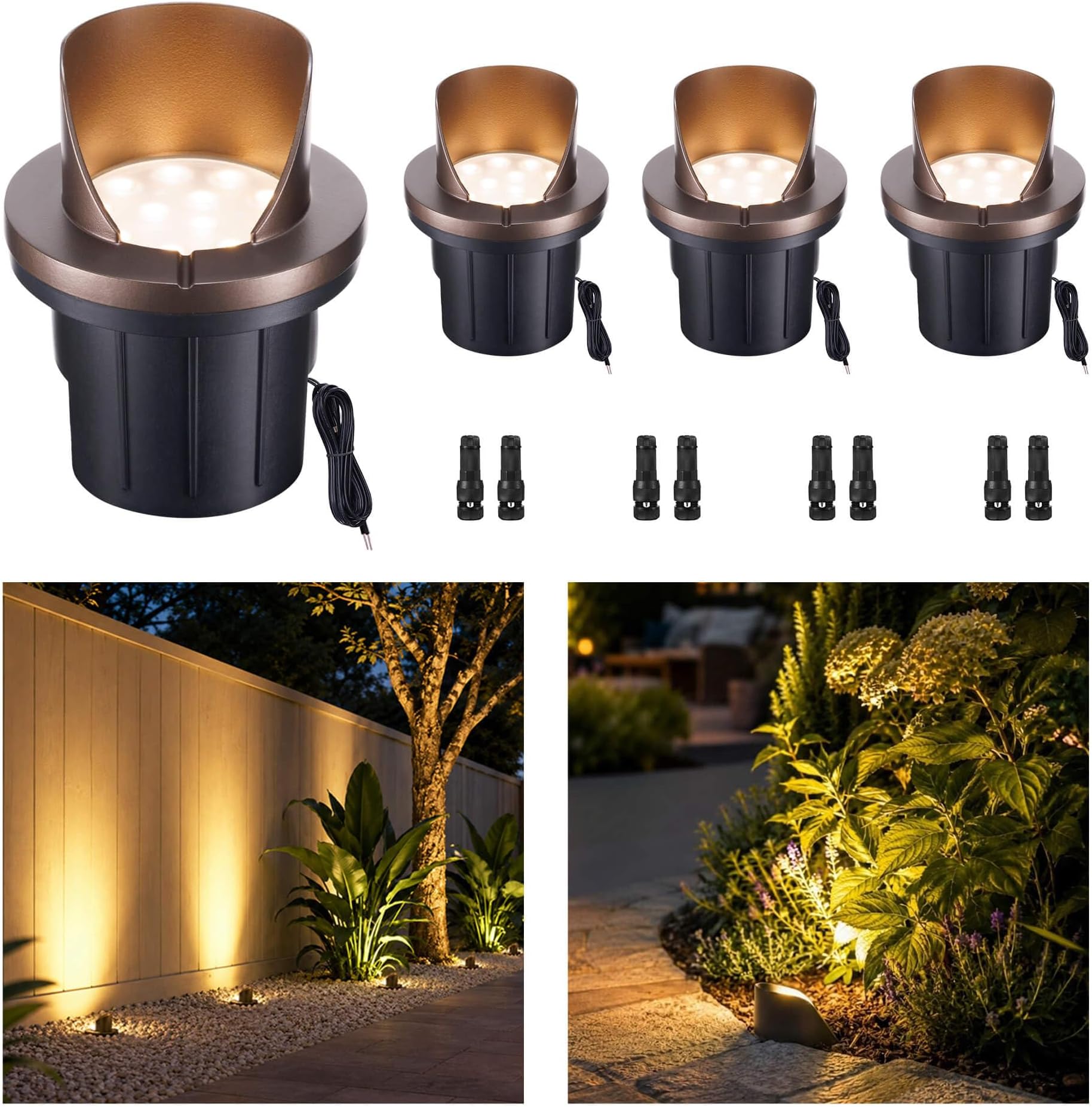 Low Voltage LED In-Ground Well Lights Outdoor, Warm White 3000K Landscape Lights, 12V IP67 Waterproof Anti-Glare Aluminum ORB Fixtures for Trees & Walls, 4 Pack