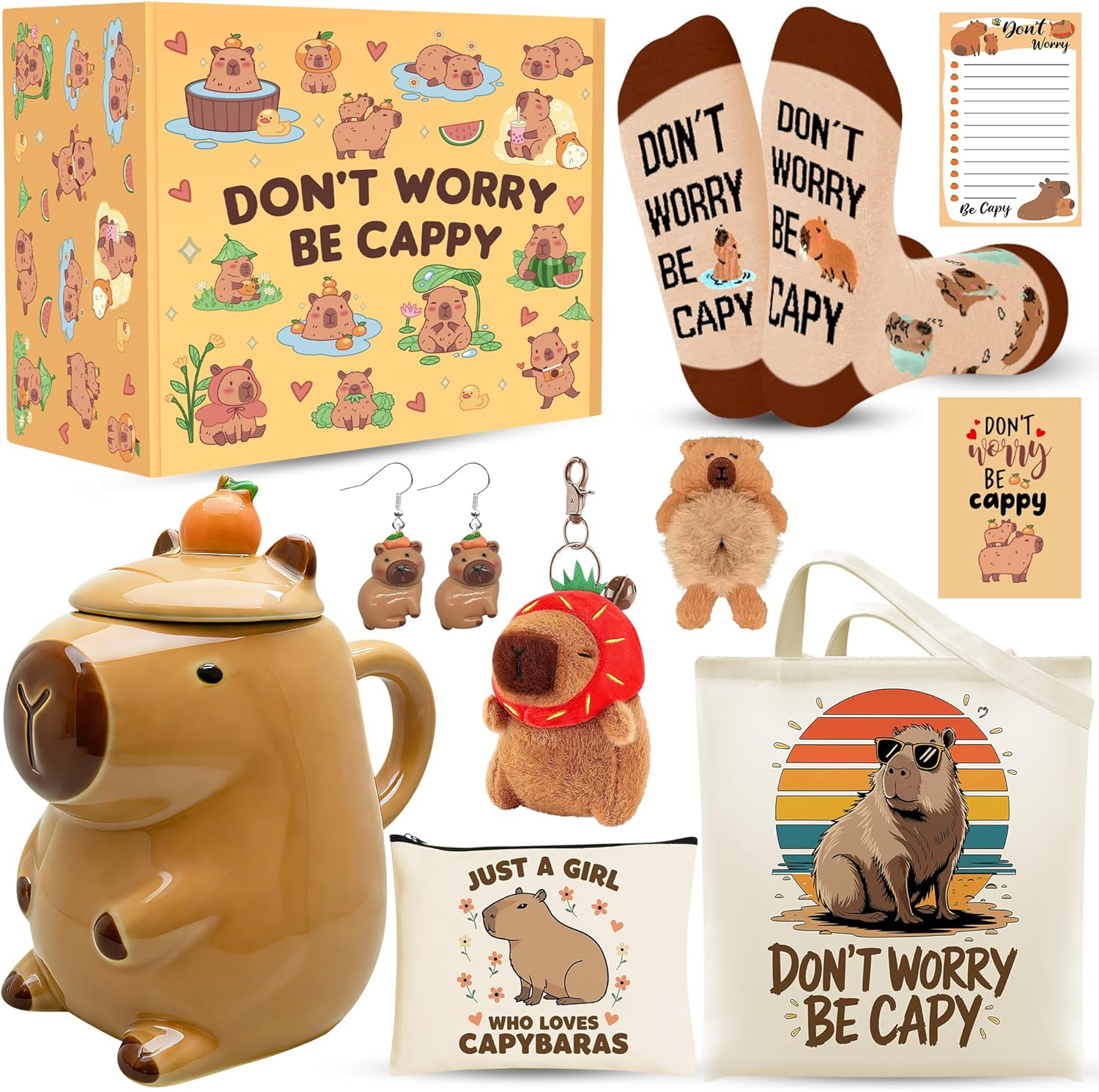 10 Pieces Capybara Gifts for Women, Cute Stuff with 15 Oz Ceramic Cup Tote Bag Makeup Bag Socks Hairband Sticky Notes Earrings Greeting Card for Capybara Lover Birthday Christmas Gift