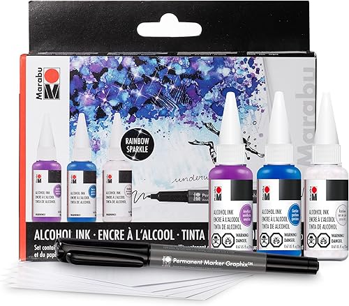 Marabu Kit de inicio de tinta de alcohol, amatista, genciana y tinta de alcohol arcoíris para resina epoxi, fabricación de vasos y pintura, juego de