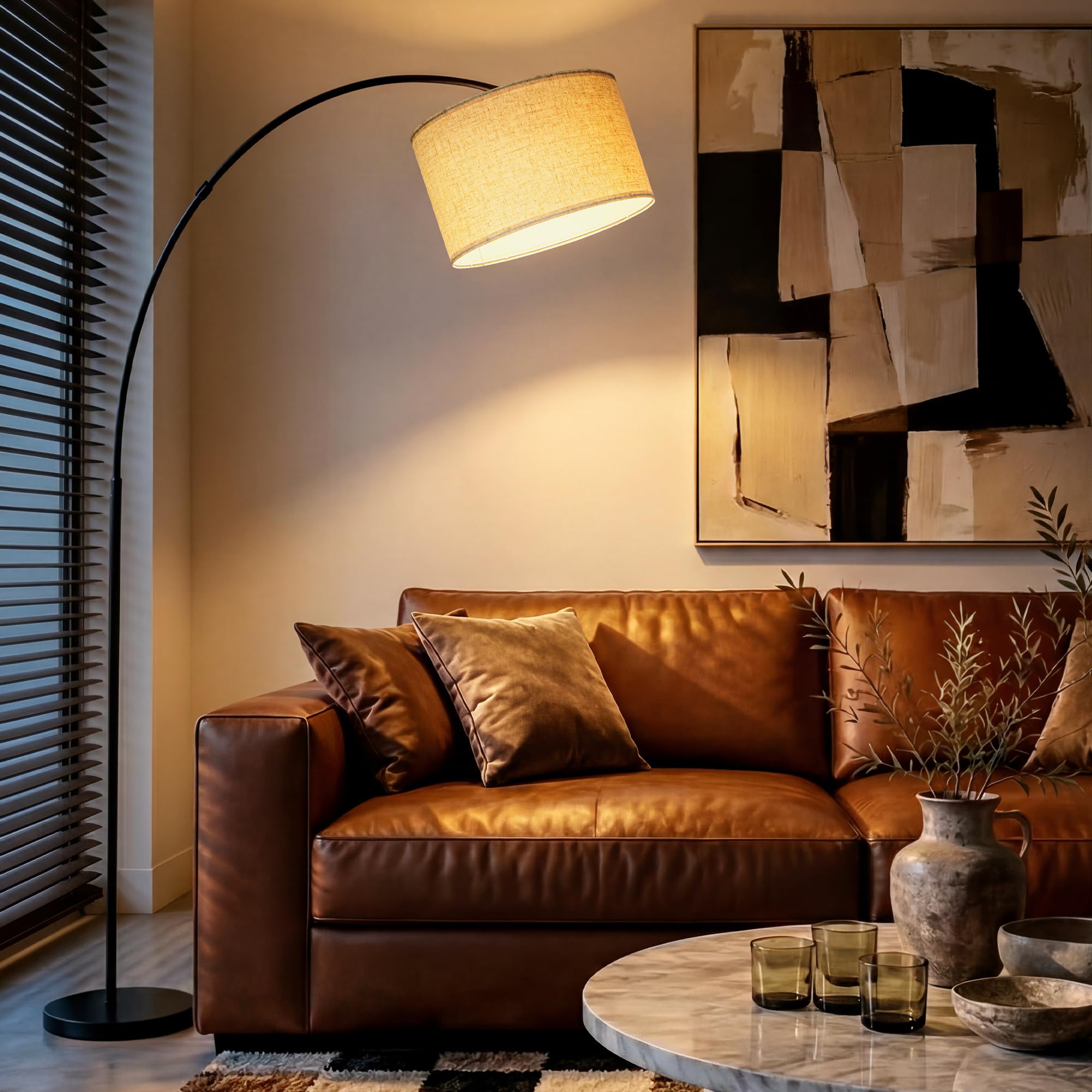 Stylish Arc Floor Lamp for Living Room, 200cm Tall Over Sofa Arc Standing Lamp with Soft Beige Lampshade, Sturdy 6kg Metal Base, Easy Foot Switch, 9W 3-Colour Bulb Included and Adjustable Lamp Head