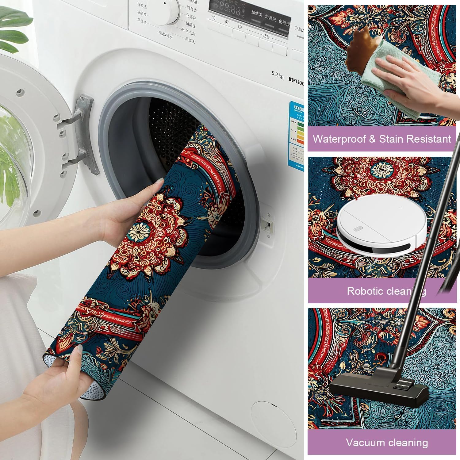 2x3 Entry Rug Washable Vintage Boho Floral Area Rug, Non Slip Low Pile Door Mat, Soft Decorative Indoor Rug for Entryway, Bathroom, Kitchen, Bedroom, Blue Red Mandala Pattern